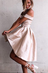 A-Line High Low Off Shoulder Sleeveless Homecoming Dresses OHM063