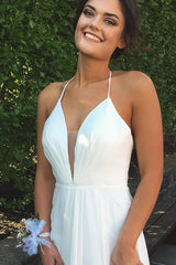 A-line Halter Floor Length Split White Backless Prom Dress with Pleats P78