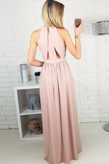 A-Line Jewel Floor-Length Blush Chiffon Prom Dress with Keyhole OHC053