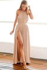A-Line Halter Backless Floor-Length Blush Prom Dress with Pleats OHC065