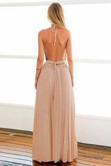A-Line Halter Backless Floor-Length Blush Prom Dress with Pleats OHC065