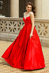A-Line Jewel Sweep Train Red Satin Sleeveless Prom Dress with Beading Z10