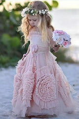 A Line Long Hand-Made Flower Chiffon Flower Girl Dresses OHR030