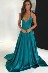 A-Line Deep V-Neck Sweep Train Turquoise Satin Backless Sleeveless Prom Dress C005