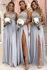 A-Line Jewel Floor-Length Bridesmaid Dress with Appliques Split OHS076