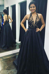 A-Line Halter Backless Navy Blue Prom Dress with Appliques Pockets L057