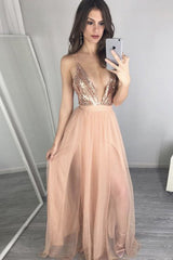 A-line Deep V-neck Floor Length Peach Prom Dress with Pleats Sequins LPD032