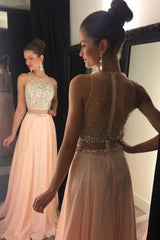 A-Line Jewel Sweep Train Pearl Pink Chiffon Sleeveless Prom Dress with Beading L030