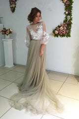 3/4 Sleeves Sexy Cheap Scoop Sweep Train Appliques Long Tulle Prom Dress Evening Dress OHC197