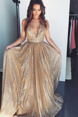 A-Line Halter Long Prom Dress with Sequins Backless Champagne Evening Dress OHC024