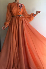 A-line High Neck Hand-Made Flowers Long Sleeves Long Chiffon Prom Dresses Long Evening Dress OHC243