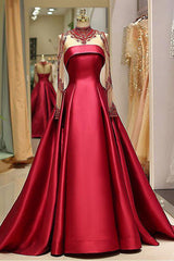 A Line High Neck Sweep Train Long Sleeves Burgundy Beading Long Satin Prom Dress Evening Dress OHC123