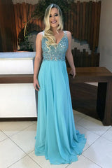A-line Deep V-neck Sleeveless Sweep Train Backless Blue Prom Dress with Beading LPD034
