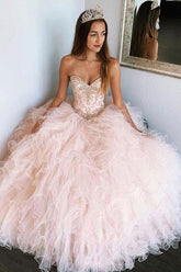 A Line Sweetheart Pink Tulle Beaded Layered Long Sweet Prom Dress Prom Gown OHC371