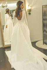 A-Line Bateau Backless Satin Wedding Dress with Pockets Sleeves OHD011