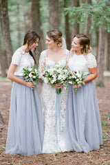 A-Line Crew Short Sleeves Floor-Length Grey Bridesmaid Dress with Lace OHS049