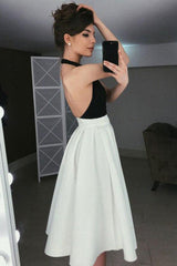 A-Line Halter Backless Tea-Length White Short Prom Dress Homecoming Dress with Pleats OHC564