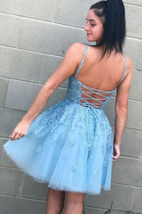 A Line Spaghetti Strap Short Homecoming Dresses with Appliques OHM011