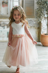 A Line Sleeveless Round Neck Sleeveless Tulle Flower Girl Dresses OHR039