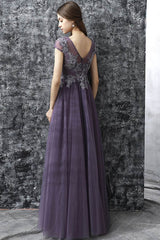 A Line Grey Purple Tulle See Through Long Spring Senior Prom Dress With Sleeves OHC482