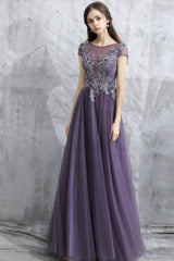 A Line Grey Purple Tulle See Through Long Spring Senior Prom Dress With Sleeves OHC482