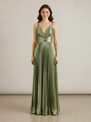 A Line V-Neck Long Prom Dresses with Pleated