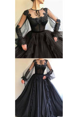 A Line Scoop Neck Long Sleeves Applique Long Tulle Prom Dresses Evening Gowns OHC280