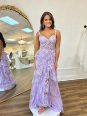 A Line Lilac Tiered Lace Long Prom Dress with Slit