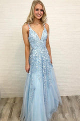 A Line Spaghetti Straps Light Blue Prom Dresses V Neck Lace Appliques Evening Dress CA526