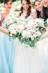 A Line Sweetheart Floor Length Sleeveless Long Tulle Romantic Bridesmaid Dresses with Ruffles OHS129