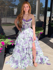 A Line Sweetheart Floral Chiffon Tiered Prom Dress with Slit