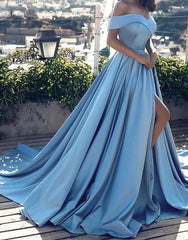 A Line Long Prom Dresses Cap Sleeve Blue Prom Dress with Slit Formal Evening Dress SM7719