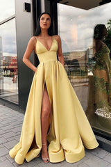 A Line Spaghetti Straps V Neck Yellow Prom Dresses with Pockets High Slit Satin Formal Dress P1131