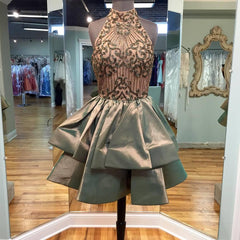 A-line Beaded Halter Neckline Satin Homecoming Dress Short Prom Dress PG166