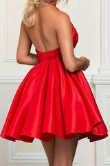 A-line Halter Sleeveless Short Red Satin Homecoming Dress with Lace PD050
