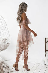 A-Line High Low Blush Sleeveless Lace Homecoming Dress PG192