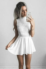 A-Line High Neck White Chiffon Homecoming Dress with Lace PD011