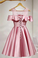 A-Line Knee-Length Cold Shoulder Pink Satin Homecoming Dress With Lace PD121