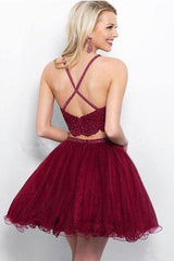 A Line Two Piece Appliques Burgundy Short Homecoming Dresses with Beading PD263