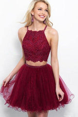 A Line Two Piece Appliques Burgundy Short Homecoming Dresses with Beading PD263