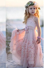 A Line Long Hand-Made Flower Chiffon Flower Girl Dresses OHR030