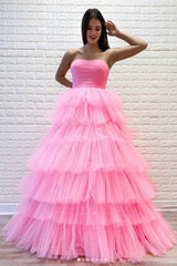 A Line Strapless Sleeveless Floor Length Layered Long Pink Tulle Prom Dresses Formal Dress OHC327