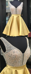 A Line Satin Beaded Homecoming Dresses Sexy V-neck Short Prom Dress DKL1221