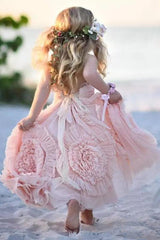 A Line Long Hand-Made Flower Chiffon Flower Girl Dresses OHR030