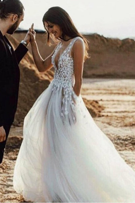 A-Line Deep V-Neck Sweep Train Wedding Dress with Appliques Split OHD024