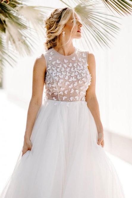 A-Line Crew Floor-Length White Wedding Dress with Appliques OHD078