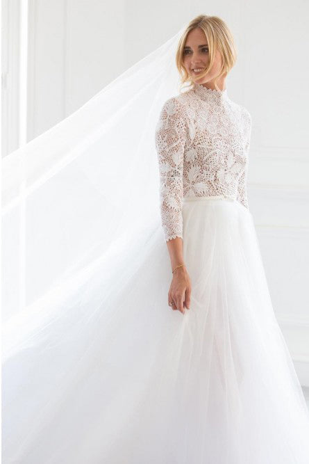 A-Line High Neck Long Sleeves Sweep Train Detachable Tulle Wedding Dress OHD113
