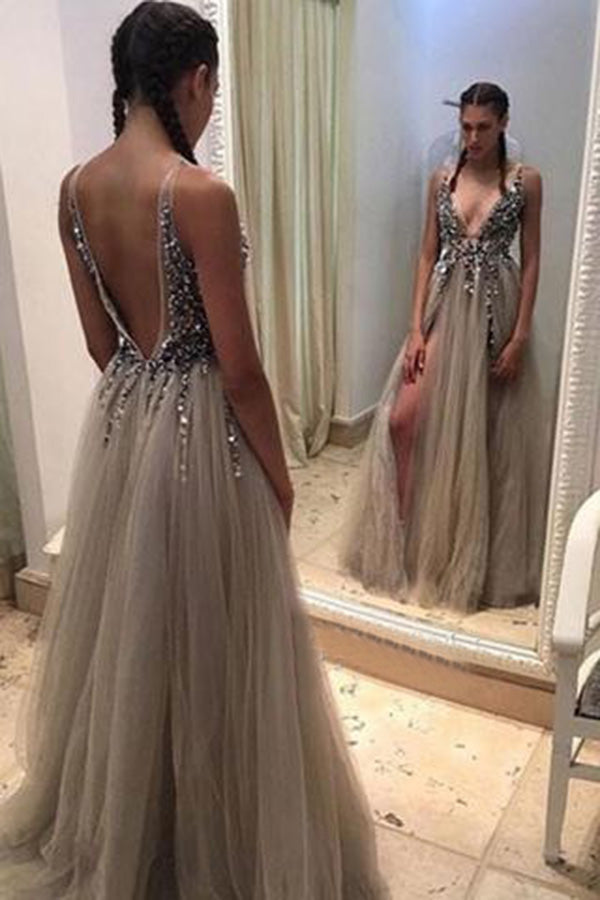 A-line Deep V-neck Backless Split Sweep Train Grey Prom Dress with Beading LPD039