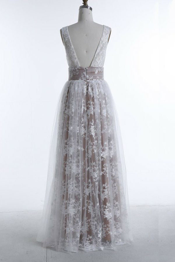 A-Line Deep V-Neck Champagne Tulle Backless Prom Dress with Lace P54