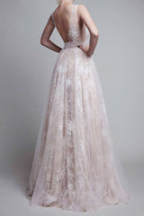 A-Line Deep V-Neck Long Backless Champagne Tulle Prom Dress with Lace OHC096
